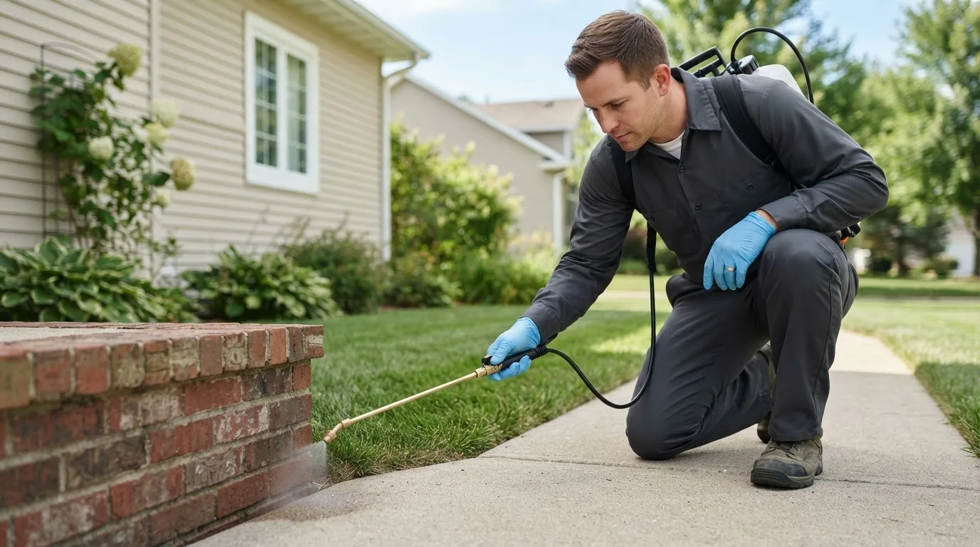 Pest control technician treating a home near Calimesa, CA