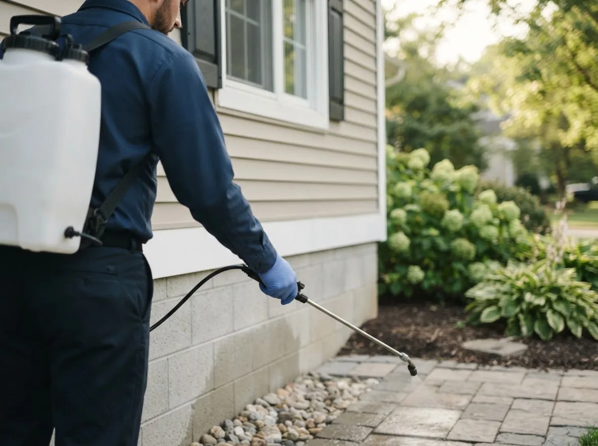 Pest control technician inspecting a home in Calimesa, CA